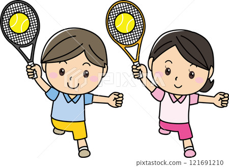 Smiling men and women enjoying tennis 121691210