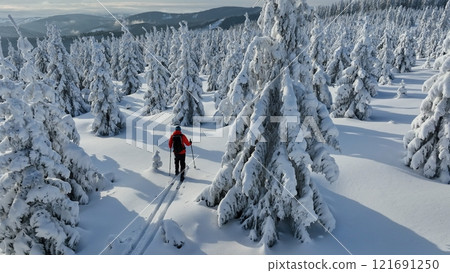 Aerial view of ski touring man crossing winter mountains, fresh snow. 121691250