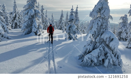 Aerial view of ski touring man crossing winter mountains, fresh snow. 121691258