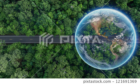 Asphalt road in middle of green tree forest road with globe planet earth, Green business sustainable energy environment ecosystem planet earth, Road to save earth planet save world and environment. Asphalt road in middle of green tree forest road with globe planet earth, Green business sustainable energy environment ecosystem planet earth, Road to save earth planet save world and environment. 121691369
