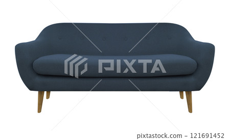 Blue fabric classic sofa on wooden legs isolated Blue fabric classic sofa on wooden legs isolated 121691452