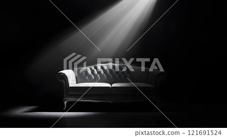光線照射在黑暗房間中的沙發上的場景 光線照射在黑暗房間中的沙發上的場景 121691524