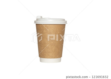 Disposable craft paper coffee cup with white cover isolated on white background, mock up 121691632