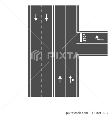 Road markings. An asphalt road with elements of traffic flow distribution 121691697