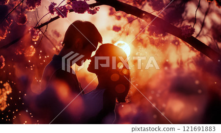 Romantic couple embraces under blooming cherry blossoms during sunset, creating a magical atmosphere filled with love 121691883