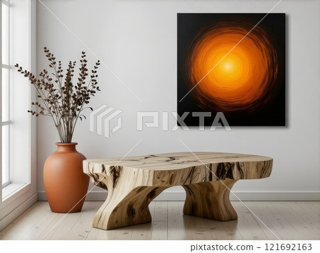 Unique wooden coffee table with vibrant abstract wall art in modern living room setting 121692163