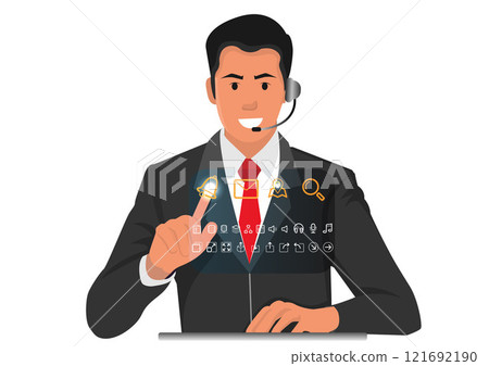 Illustration of a call center agent having a conversation Sit and work and use your index finger to point forward. open modern system Illustration of a call center agent having a conversation Sit and work and use your index finger to point forward. open modern system 121692190