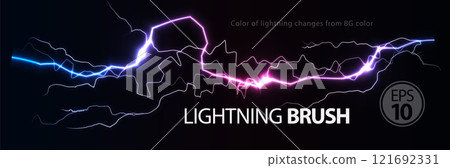 Dynamic lightning bolt with glowing purple and blue neon effects on a dark background. Electric energy concept for tech, design, or futuristic themes. Vector illustration 121692331
