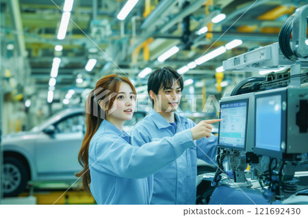 Male and female engineers working at a car factory_1 121692430