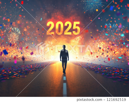 A silhouette of a man walking towards the colossal glowing "2025" at the end of a celebratory road, surrounded by fireworks and confetti. 121692519