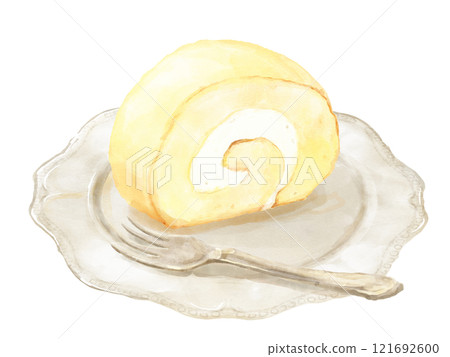 Watercolor painted roll cake (plain) on a plate 121692600