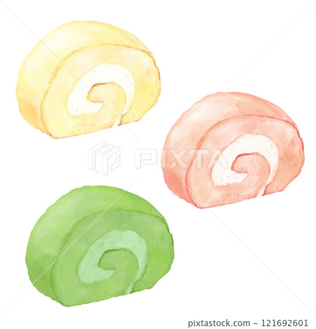Watercolor illustration set of roll cakes (strawberry, plain, matcha) 121692601