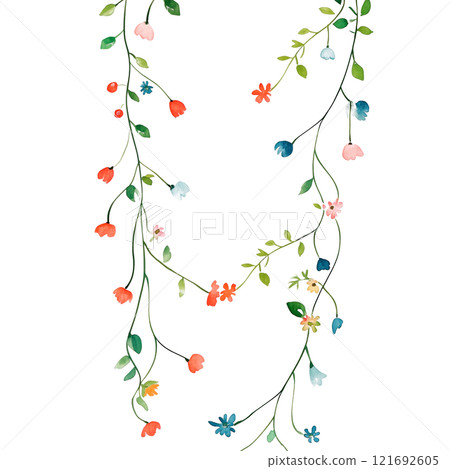 Minimalist floral garland illustration with delicate flowers and leaves. Perfect for wedding invitations, spring-themed designs, DIY crafts, and seasonal decorations. 121692605