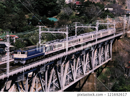1987: Yasuragi train running near Nebukawa Station on the Tokaido Main Line 121692617