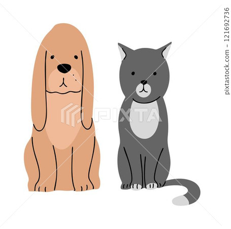 A cute dog and a cat are sitting together 121692736