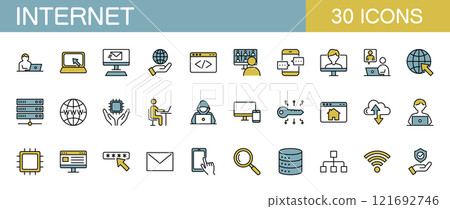 線條圖示設定與互聯網、電腦和安全相關的顏色 121692746