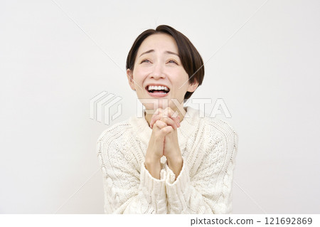 Pleading woman on white background 121692869