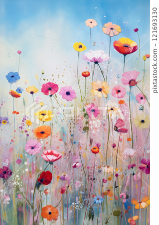 Bright colorful flowers blooming in a vibrant field under a clear blue sky 121693130