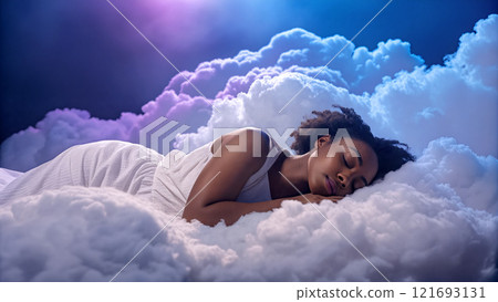 Woman peacefully sleeping on fluffy clouds with soft lighting in a dreamy atmosphere 121693131