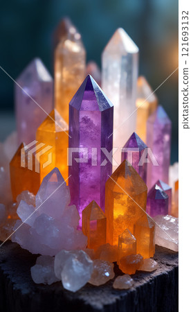 Colorful crystals arranged beautifully on a wooden surface showcasing their vibrant hues and shapes 121693132