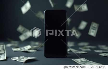 Black screen phone against the background of falling dollar bills. The phone is turned off Black screen phone against the background of falling dollar bills. The phone is turned off 121693293