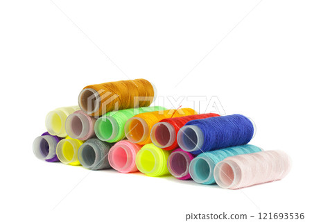 Set of colored yarn spools on a White or transparent isolated background 121693536