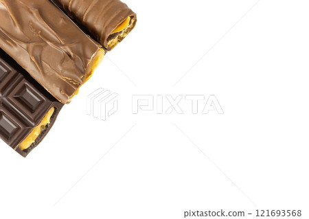 Closeup of chocolate bar isolated on white 121693568