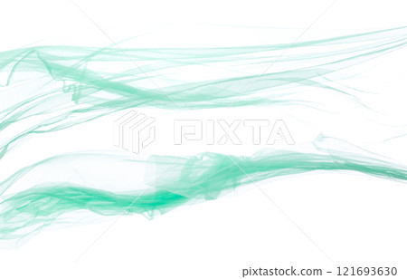Green Organza fabric flying in curve shape, Piece of textile blue sky organza fabric throw fall in air. White background isolated motion blur 121693630