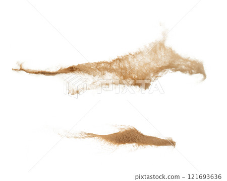 Abstract cloud fly. Yellow colored sand splash throwing curve circle in Air. Golden grain wave explode. Fine Sand flying explosion, White background Isolated throwing particle element object Abstract cloud fly. Yellow colored sand splash throwing curve circle in Air. Golden grain wave explode. Fine Sand flying explosion, White background Isolated throwing particle element object 121693636