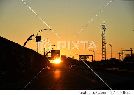 A view of the sunset from a Japanese highway A view of the sunset from a Japanese highway 121693652