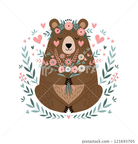 Adorable cute bear with red flower. Valentine's day artwork. 121693705