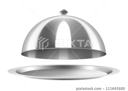 Metal food cloche isolated on white background. Open Stainless Steel Cloche Food Cover Dome Serving Plate Dish Dining Dinner Platter. Realistic 3d vector illustration Metal food cloche isolated on white background. Open Stainless Steel Cloche Food Cover Dome Serving Plate Dish Dining Dinner Platter. Realistic 3d vector illustration 121693880