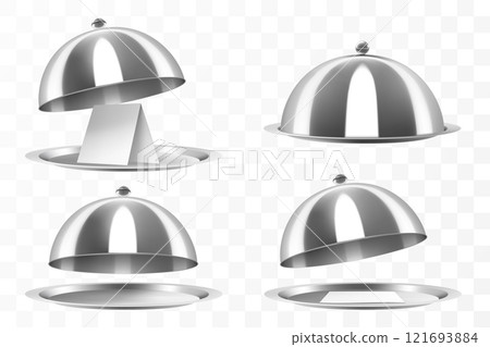 Set of a stainless steel cloche isolated on transparent background. Open and closed Metal food cloche, Food Cover. Dome. Serving Plate Dish, Dining Dinner Platter. Realistic 3d vector illustration 121693884