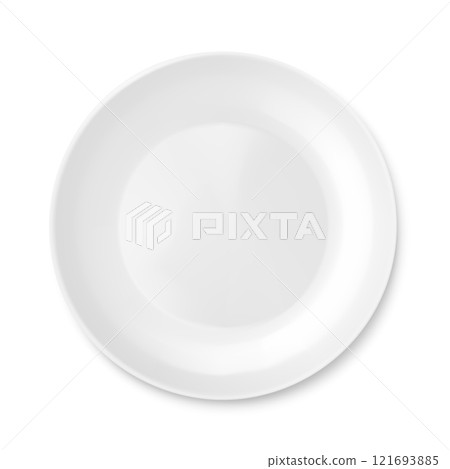 Classic white ceramic, glass plate, isolated on a white background. Top view. White kitchen appliances utensils for eating, Illustration for your projects. Realistic 3D vector illustration Classic white ceramic, glass plate, isolated on a white background. Top view. White kitchen appliances utensils for eating, Illustration for your projects. Realistic 3D vector illustration 121693885