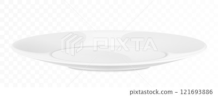 Classic white ceramic or glass plate, isolated on a white background. Side view. White kitchen utensils for eating, Illustration for your projects. Realistic 3D vector illustration 121693886