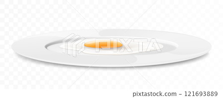 Plate with delicious fried egg and stainless steel cutlery, fork and knife, isolated on white background. Realistic 3D vector illustration. delicious breakfast, side view Plate with delicious fried egg and stainless steel cutlery, fork and knife, isolated on white background. Realistic 3D vector illustration. delicious breakfast, side view 121693889