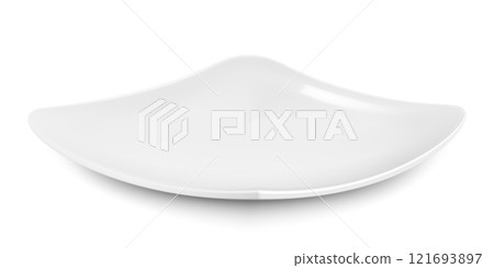 Empty square ceramic plate low angle shot, isolated on white background. White dishes for chips. Mockup of tableware, kitchen utensils. Realistic vector illustration. 3d design 121693897