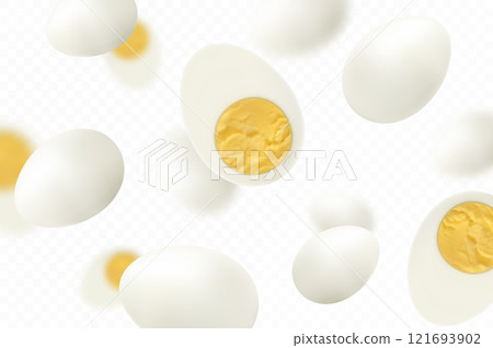 Flying hard boiled eggs , isolated on white background. Falling tasty boiled chicken egg, whole and slices. Can be used for advertising, packaging, banner, poster, print. Realistic 3d vector Flying hard boiled eggs , isolated on white background. Falling tasty boiled chicken egg, whole and slices. Can be used for advertising, packaging, banner, poster, print. Realistic 3d vector 121693902