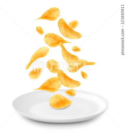 Potato chips falling in white ceramic plate isolated on white background. Junk food for restaurant menu. Fried sliced potatoes unhealthy fast food. Realistic 3D vector illustration. 121693911