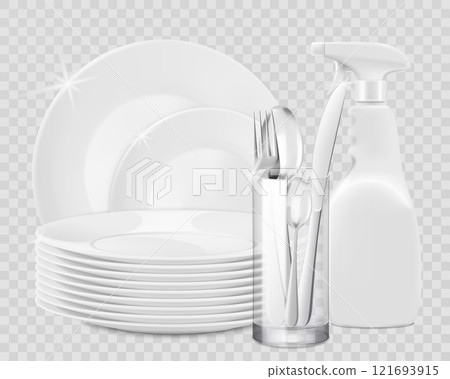 Clean shiny dishes and porcelain kitchen utensils with dishwashing liquid detergent bottle isolated on white. Advertising banner for household cleaning supplies. Realistic 3d vector illustration Clean shiny dishes and porcelain kitchen utensils with dishwashing liquid detergent bottle isolated on white. Advertising banner for household cleaning supplies. Realistic 3d vector illustration 121693915