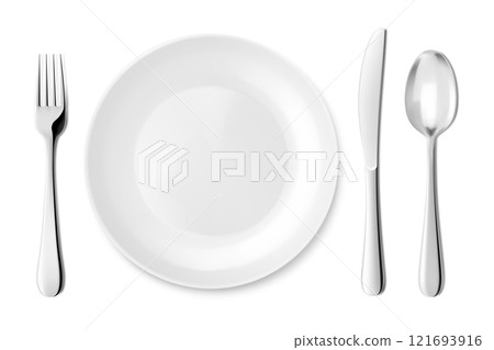 Classic white ceramic or glass plate with knife,spoon and fork. Empty plate with stainless steel metal cutlery isolated on white background, clipping path, top view. Realistic 3d vector illustration 121693916
