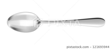 Silver shiny spoon isolated on white background. Kitchenware Mockup. Realistic 3d vector illustration. Stainless steel metal cutlery. Kitchen utensils for eating, tableware for restaurant serving 121693944