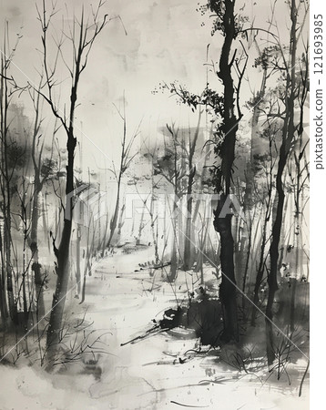 Ink painting of a snow-covered forest path AI image 121693985