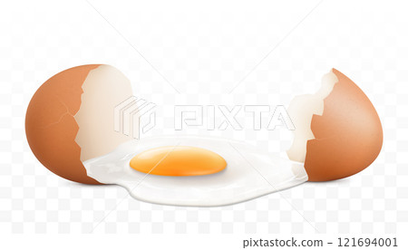 A broken brown egg isolated on a white background. The protein and yolk flowed out of a broken egg shells close-up. Horizontal illustration of cracked egg. Realistic 3d vector design A broken brown egg isolated on a white background. The protein and yolk flowed out of a broken egg shells close-up. Horizontal illustration of cracked egg. Realistic 3d vector design 121694001