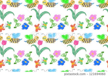 Vibrant Hand-Drawn Bees, Flowers, and Butterflies Pattern 121694060
