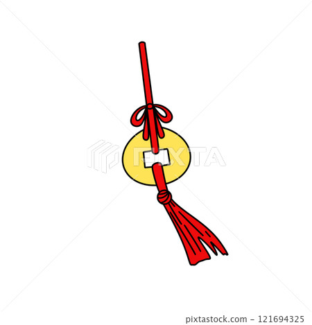 A red and yellow object with a red ribbon tied to it 121694325