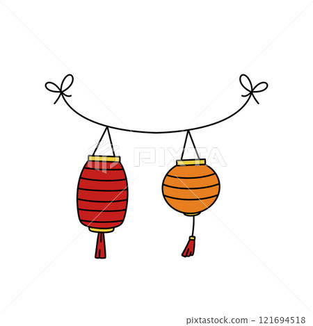 Two lanterns hanging from a string, one red and one orange Two lanterns hanging from a string, one red and one orange 121694518