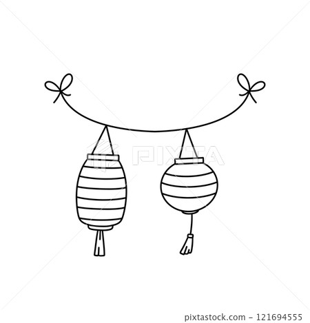 Two lanterns hanging from a line, one is striped and the other is plain Two lanterns hanging from a line, one is striped and the other is plain 121694555