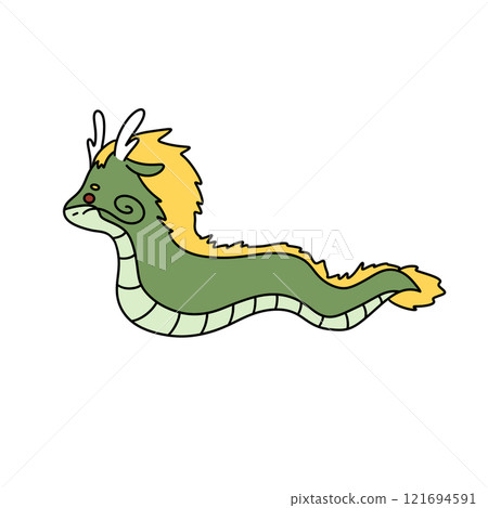 A green and yellow dragon with horns on its head A green and yellow dragon with horns on its head 121694591