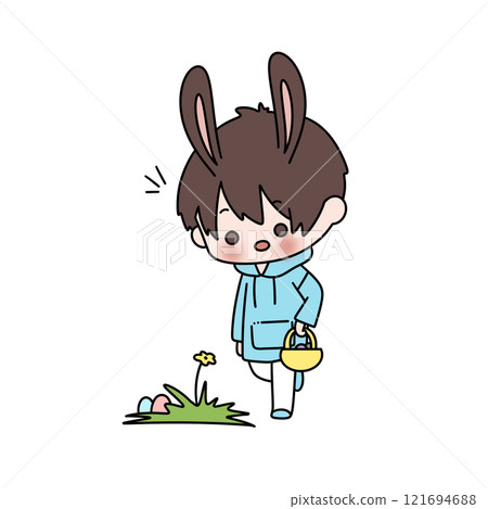 A cartoon rabbit is walking through a field with a basket in his hand 121694688